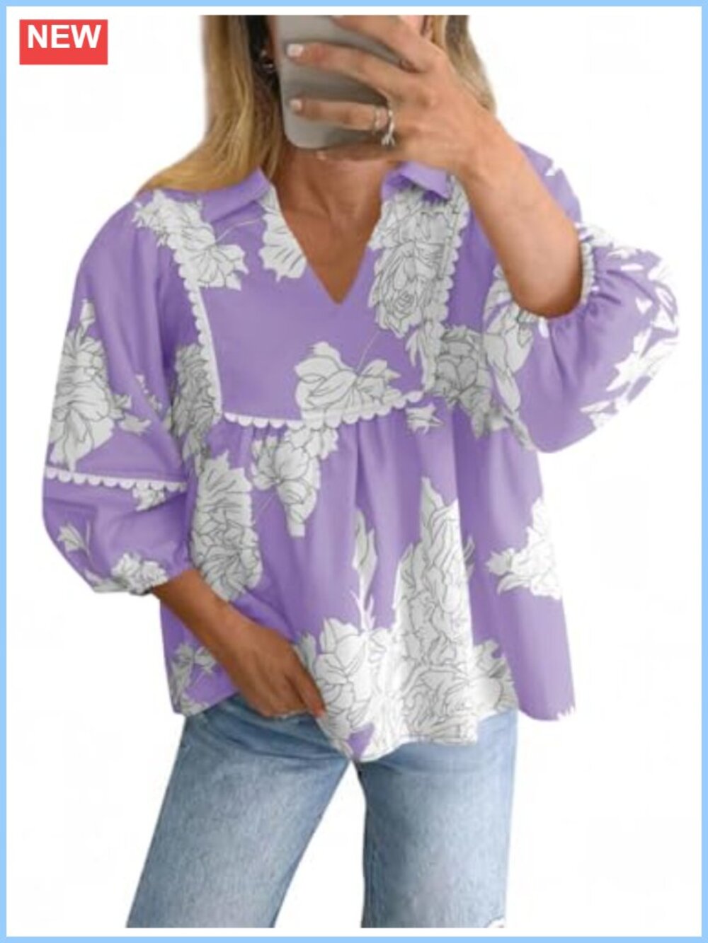 Womens Floral Babydoll Peplum Blouse Puff Sleeve Boho Top Scalloped Trim